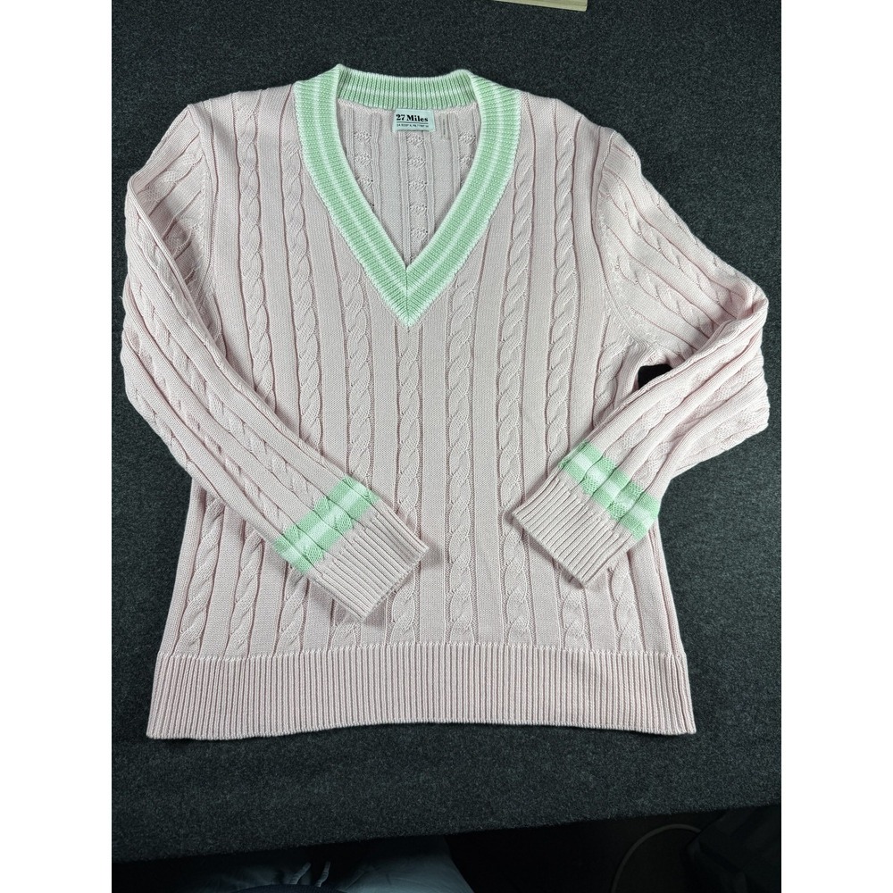 27 Miles V-Neck Cable Knit Sweater Pink Green Striped Trim Large Preppy Coastal
